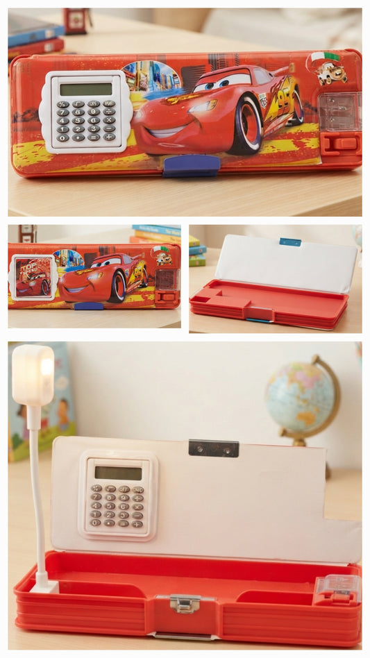 Magnet Pencil Box Double Side With Calculator, Light and Sharpener Car 0022